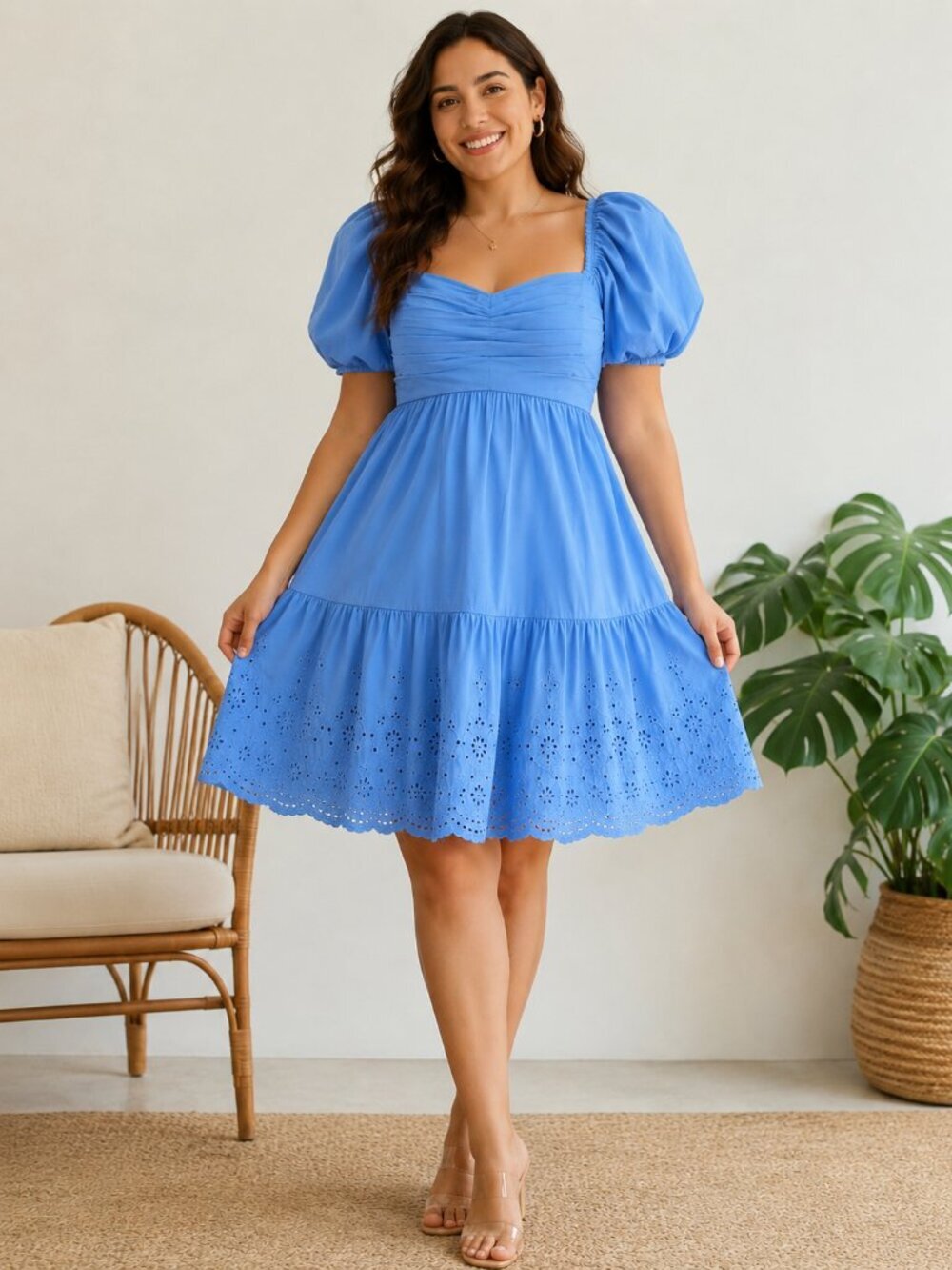 En Saison Juliet Mini Dress Blue Puff Sleeve Bow Back Eyelet Cotton Size L